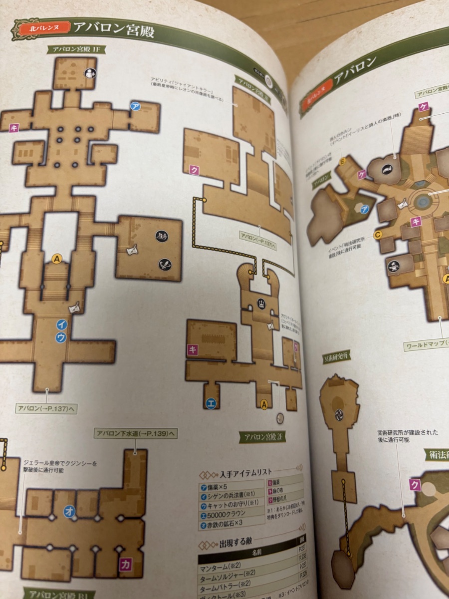 公式ガイドブックのマップページ。アバロン宮殿の間取り図に加え、入手アイテムリストと出現する敵の一覧が載っている